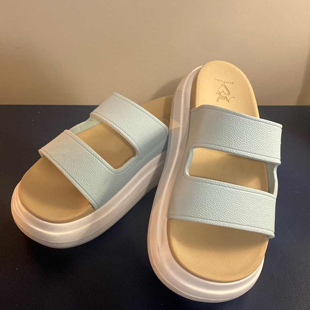 Reef Womens Sierra 2 Bar Platform Slides Slip On Pale Blue Mint Shoes